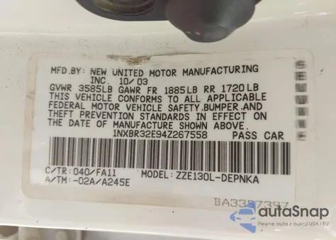 2004 Toyota Corolla Le from USA, damaged, VIN 1NXBR32E94Z267558